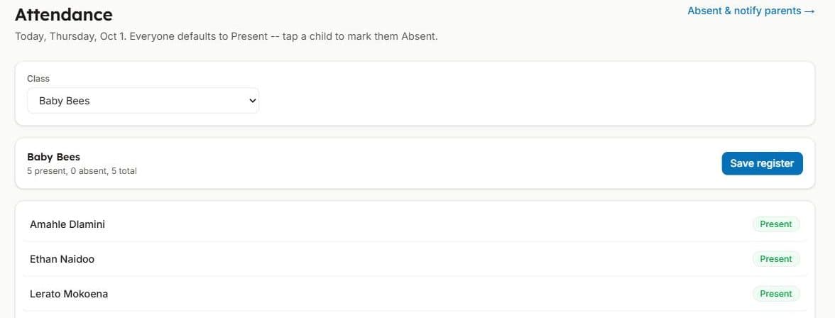Crechely's attendance register for one class, each child marked Present, with a Save register button